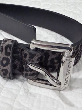 Michael Kors New Black and Gray Leather Leopard print Logo Belt